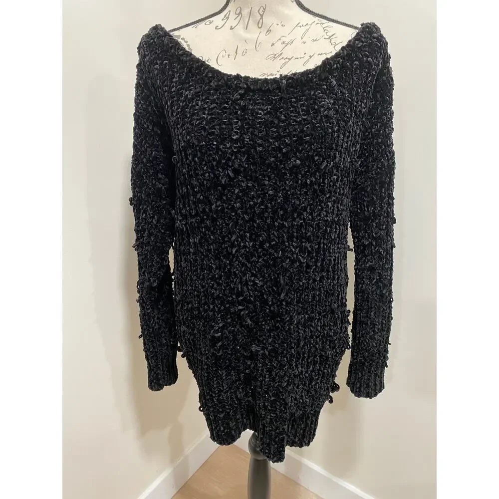 Entro Black Distressed Chenille Low Twist Back Sweater Oversized Small